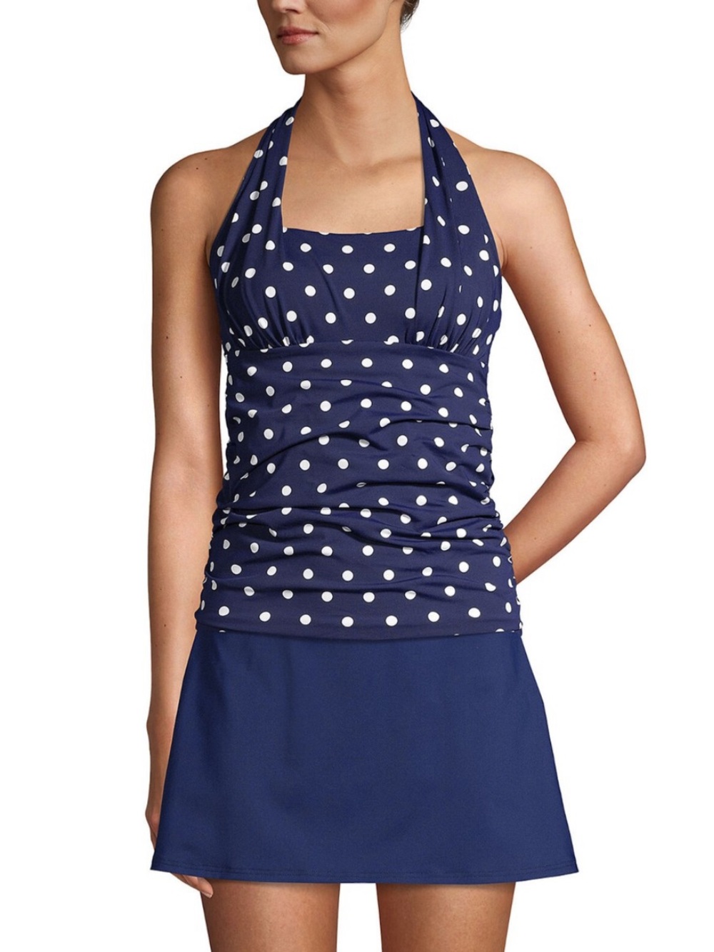 NWT Lands' End Navy Blue & White Polka Dot Halter Tankini Top